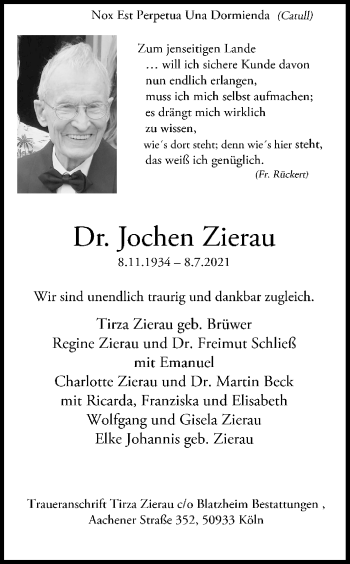 Anzeige von Jochen Zierau von Kölner Stadt-Anzeiger / Kölnische Rundschau / Express