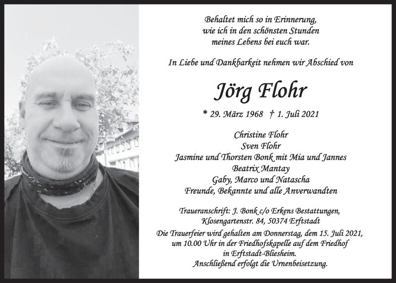  Traueranzeige für Jörg Flohr vom 09.07.2021 aus  Werbepost 