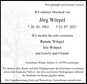 Anzeige von Jörg Wörpel von Kölner Stadt-Anzeiger / Kölnische Rundschau / Express
