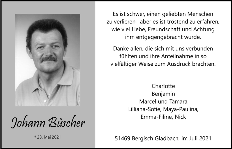  Traueranzeige für Johann Büscher vom 02.07.2021 aus  Bergisches Handelsblatt 