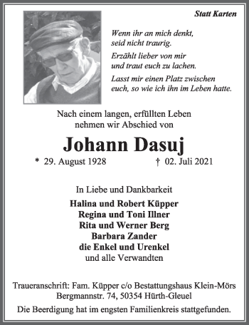 Anzeige von Johann Dasuj von  Wochenende 
