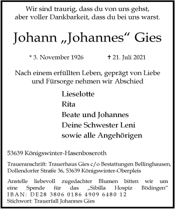 Anzeige von Johann Gies von  Extra Blatt 