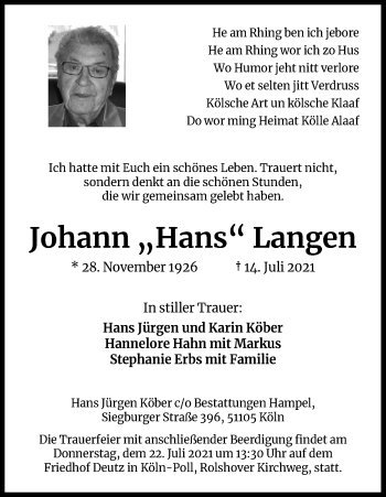 Anzeige von Johann  Langen von Kölner Stadt-Anzeiger / Kölnische Rundschau / Express