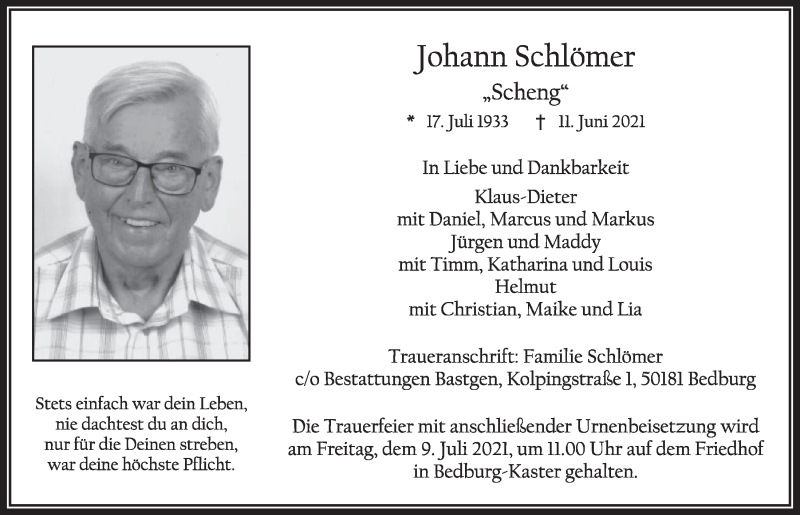  Traueranzeige für Johann Schlömer vom 02.07.2021 aus  Werbepost 