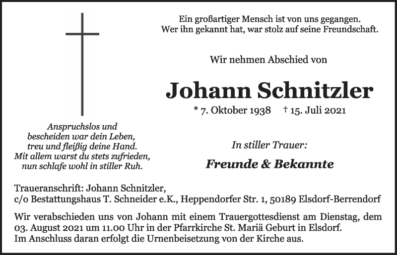  Traueranzeige für Johann Schnitzler vom 30.07.2021 aus  Werbepost 