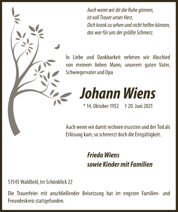 Anzeige von Johann Wiens von  Lokalanzeiger 