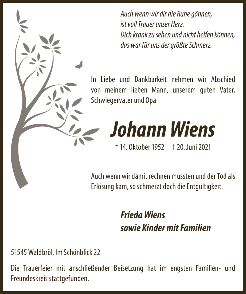  Traueranzeige für Johann Wiens vom 02.07.2021 aus  Lokalanzeiger 
