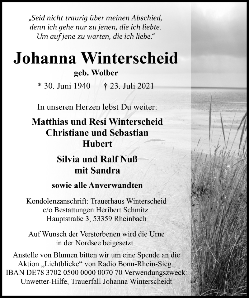  Traueranzeige für Johanna Winterscheid vom 30.07.2021 aus  Schaufenster/Blickpunkt 