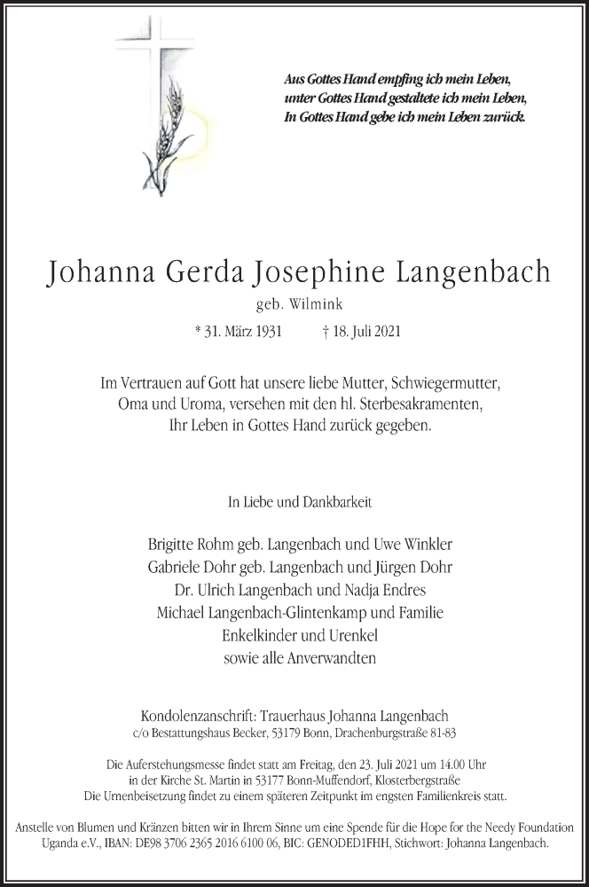  Traueranzeige für Johanna Gerda Josephine Langenbach vom 21.07.2021 aus Kölner Stadt-Anzeiger / Kölnische Rundschau / Express