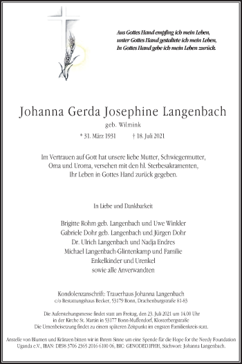 Anzeige von Johanna Gerda Josephine Langenbach von Kölner Stadt-Anzeiger / Kölnische Rundschau / Express