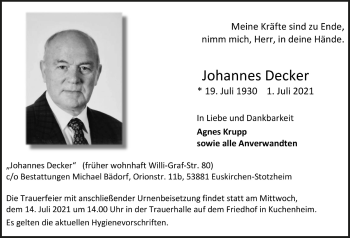 Anzeige von Johannes Decker von  Blickpunkt Euskirchen 