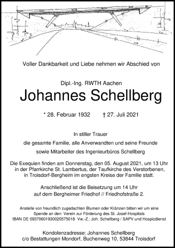 Anzeige von Johannes Schellberg von Kölner Stadt-Anzeiger / Kölnische Rundschau / Express