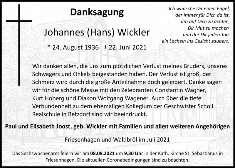  Traueranzeige für Johannes  Wickler vom 30.07.2021 aus  Lokalanzeiger 