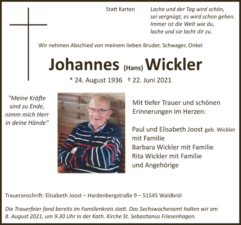  Traueranzeige für Johannes  Wickler vom 02.07.2021 aus  Lokalanzeiger 