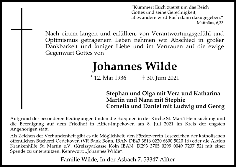  Traueranzeige für Johannes Wilde vom 07.07.2021 aus Kölner Stadt-Anzeiger / Kölnische Rundschau / Express