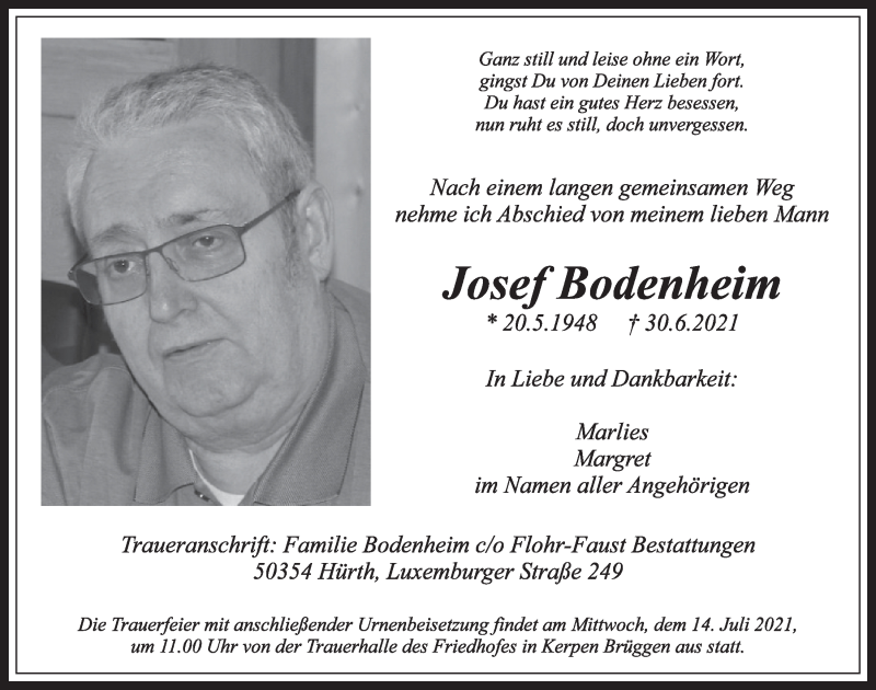  Traueranzeige für Josef Bodenheim vom 09.07.2021 aus  Werbepost 