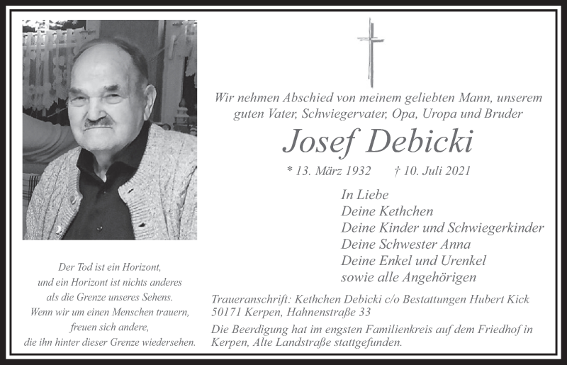  Traueranzeige für Josef Debicki vom 16.07.2021 aus  Werbepost 