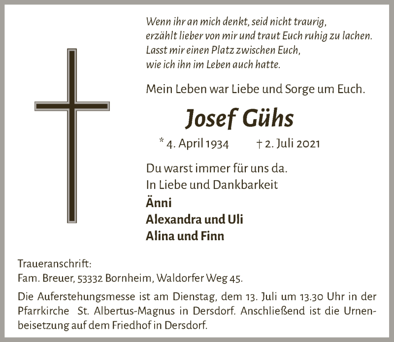  Traueranzeige für Josef Gühs vom 09.07.2021 aus  Schaufenster/Blickpunkt 