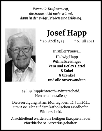 Anzeige von Josef Happ von Kölner Stadt-Anzeiger / Kölnische Rundschau / Express