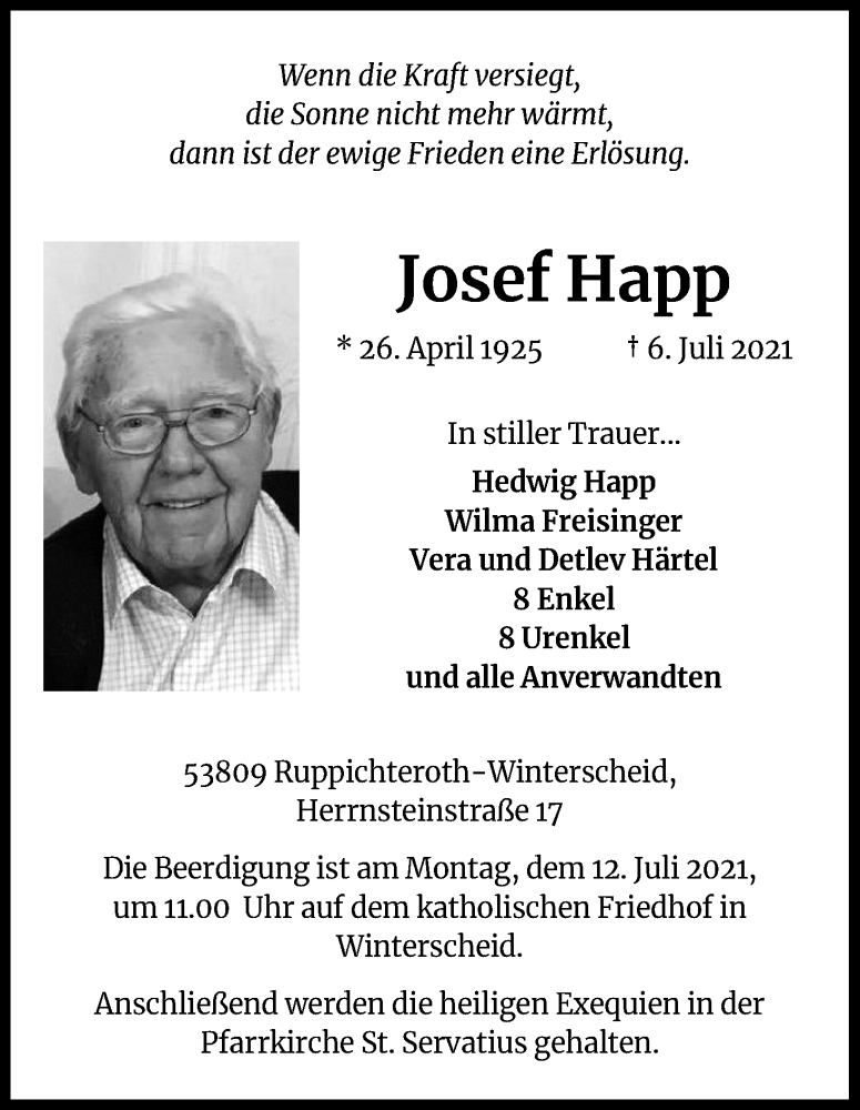  Traueranzeige für Josef Happ vom 09.07.2021 aus Kölner Stadt-Anzeiger / Kölnische Rundschau / Express