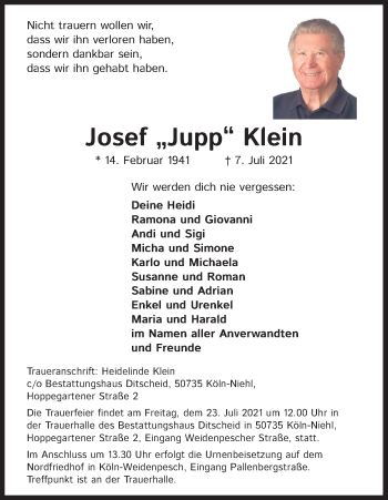 Anzeige von Josef  Klein von Kölner Stadt-Anzeiger / Kölnische Rundschau / Express