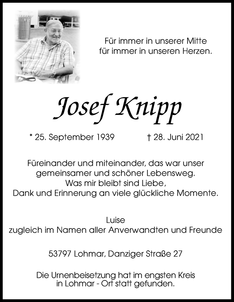  Traueranzeige für Josef Knipp vom 24.07.2021 aus Kölner Stadt-Anzeiger / Kölnische Rundschau / Express