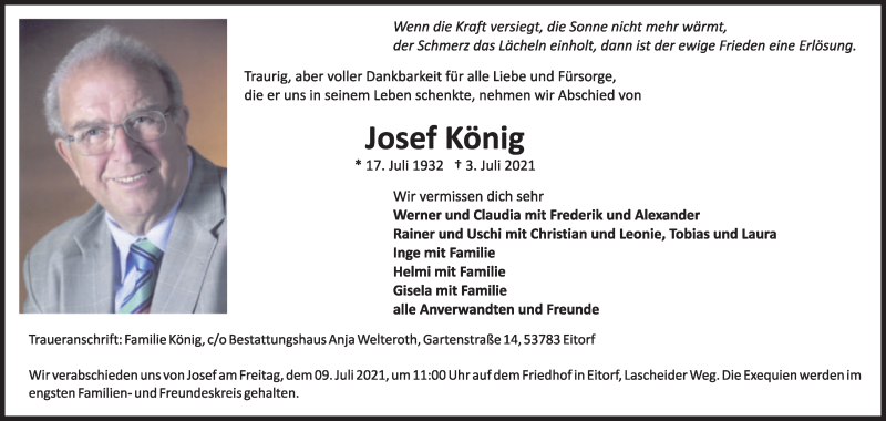  Traueranzeige für Josef König vom 08.07.2021 aus Kölner Stadt-Anzeiger / Kölnische Rundschau / Express