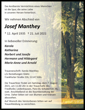 Anzeige von Josef Manthey von  Kölner Wochenspiegel 