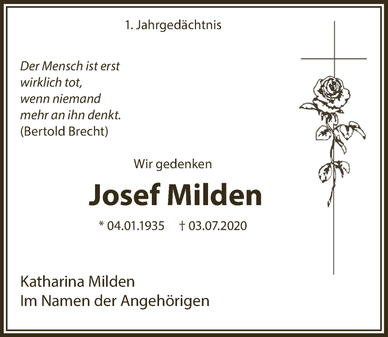  Traueranzeige für Josef Milden vom 03.07.2021 aus  Blickpunkt Euskirchen 