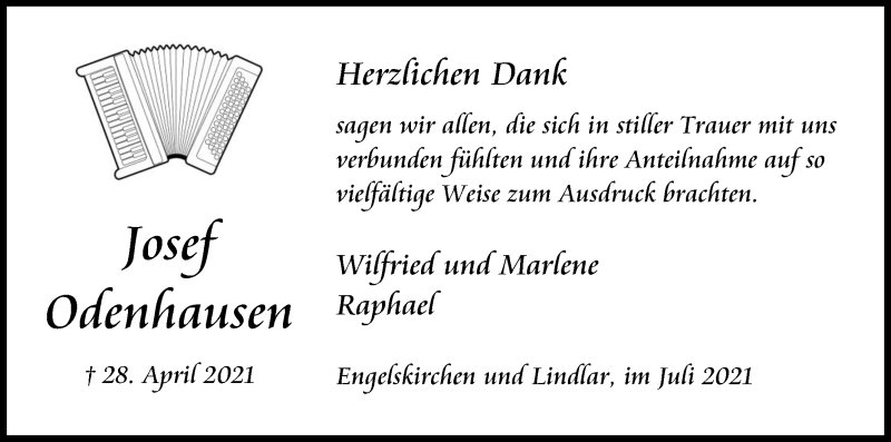  Traueranzeige für Josef Odenhausen vom 31.07.2021 aus Kölner Stadt-Anzeiger / Kölnische Rundschau / Express