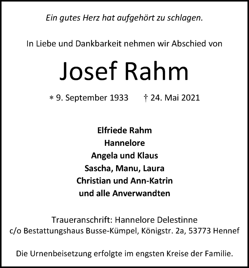  Traueranzeige für Josef Rahm vom 03.07.2021 aus Kölner Stadt-Anzeiger / Kölnische Rundschau / Express