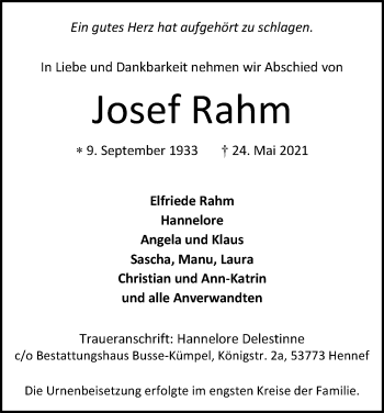 Anzeige von Josef Rahm von Kölner Stadt-Anzeiger / Kölnische Rundschau / Express