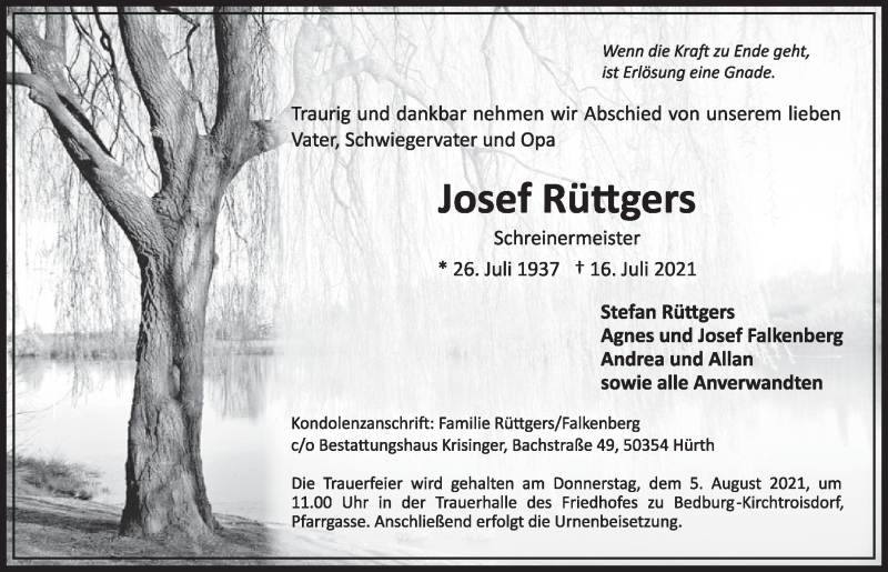  Traueranzeige für Josef Rüttgers vom 30.07.2021 aus  Werbepost 