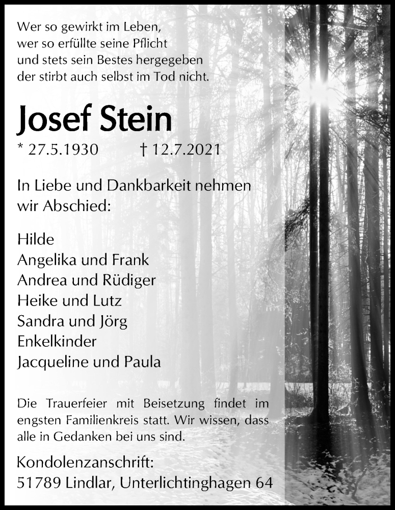  Traueranzeige für Josef Stein vom 17.07.2021 aus Kölner Stadt-Anzeiger / Kölnische Rundschau / Express