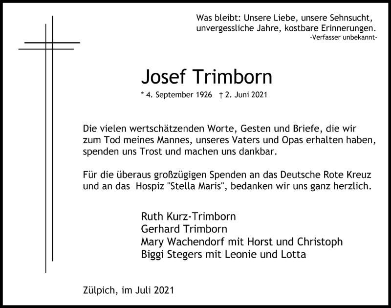  Traueranzeige für Josef Trimborn vom 24.07.2021 aus  Blickpunkt Euskirchen 