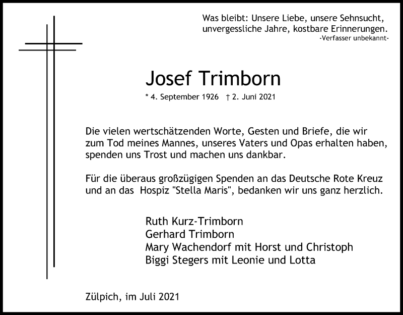  Traueranzeige für Josef Trimborn vom 24.07.2021 aus Kölner Stadt-Anzeiger / Kölnische Rundschau / Express