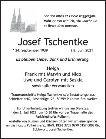 Anzeige von Josef Tschentke von  Wochenende 
