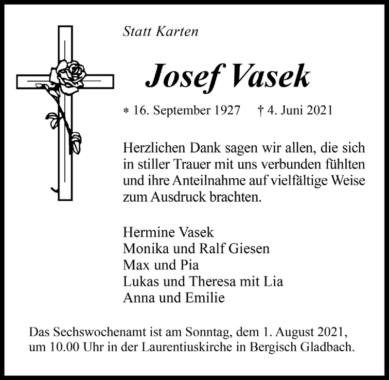  Traueranzeige für Josef Vasek vom 16.07.2021 aus  Bergisches Handelsblatt 