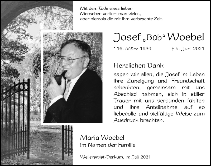  Traueranzeige für Josef Woebel vom 31.07.2021 aus  Blickpunkt Euskirchen 