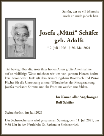 Anzeige von Josefa Schäfer von  Bergisches Handelsblatt 