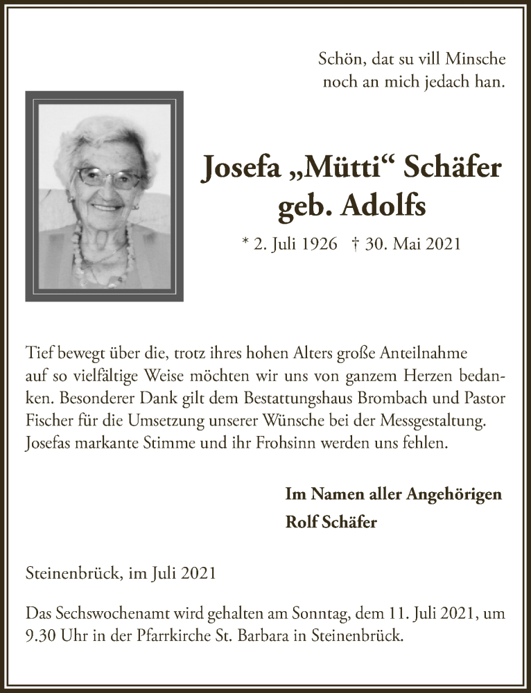  Traueranzeige für Josefa Schäfer vom 02.07.2021 aus  Bergisches Handelsblatt 