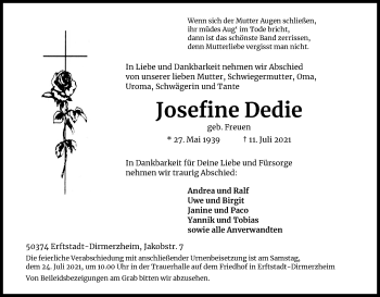 Anzeige von Josefine Dedie von Kölner Stadt-Anzeiger / Kölnische Rundschau / Express