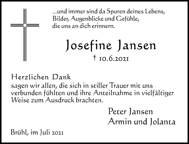  Traueranzeige für Josefine Jansen vom 09.07.2021 aus  Schlossbote/Werbekurier 