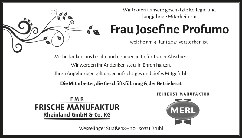  Traueranzeige für Josefine  Profumo vom 02.07.2021 aus  Schlossbote/Werbekurier 