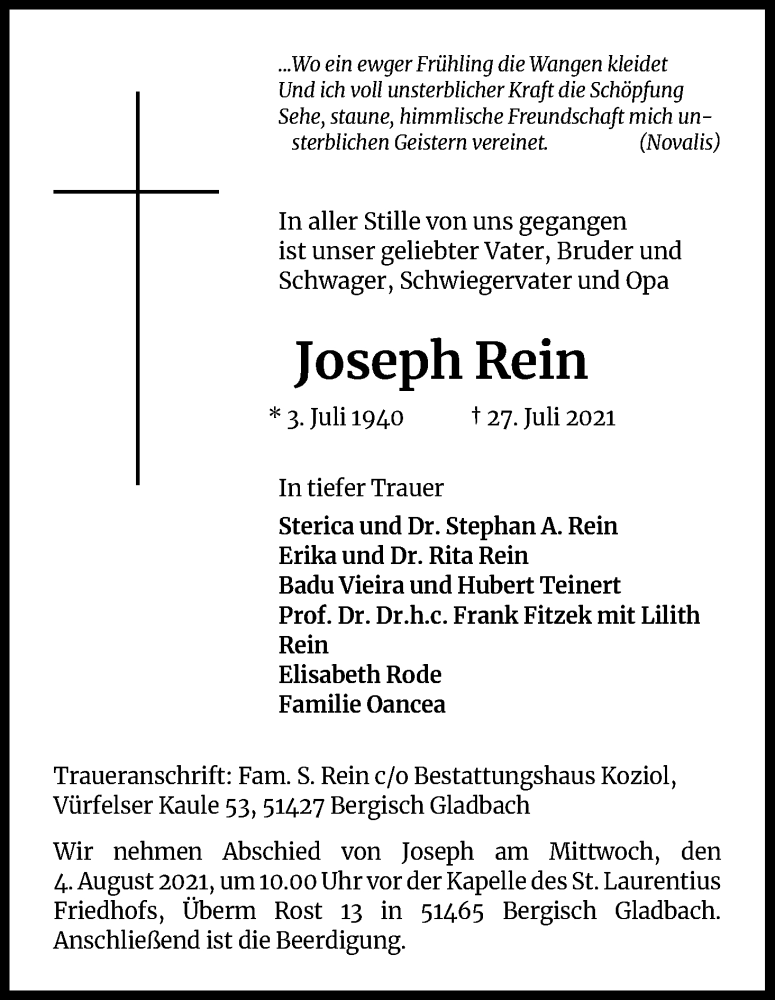  Traueranzeige für Joseph Rein vom 31.07.2021 aus Kölner Stadt-Anzeiger / Kölnische Rundschau / Express