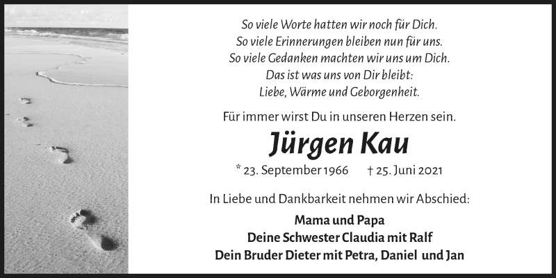  Traueranzeige für Jürgen Kau vom 02.07.2021 aus  Schlossbote/Werbekurier 