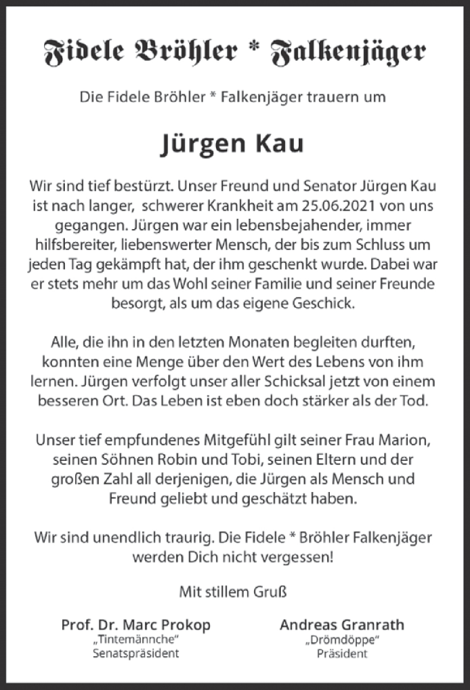  Traueranzeige für Jürgen Kau vom 02.07.2021 aus  Schlossbote/Werbekurier 