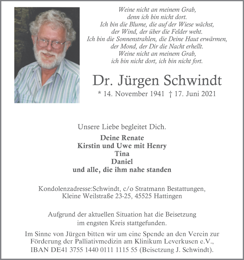  Traueranzeige für Jürgen Schwindt vom 10.07.2021 aus Kölner Stadt-Anzeiger / Kölnische Rundschau / Express