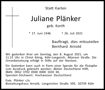 Anzeige von Juliane Plänker von Kölner Stadt-Anzeiger / Kölnische Rundschau / Express