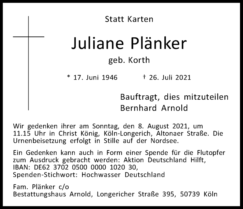  Traueranzeige für Juliane Plänker vom 31.07.2021 aus Kölner Stadt-Anzeiger / Kölnische Rundschau / Express